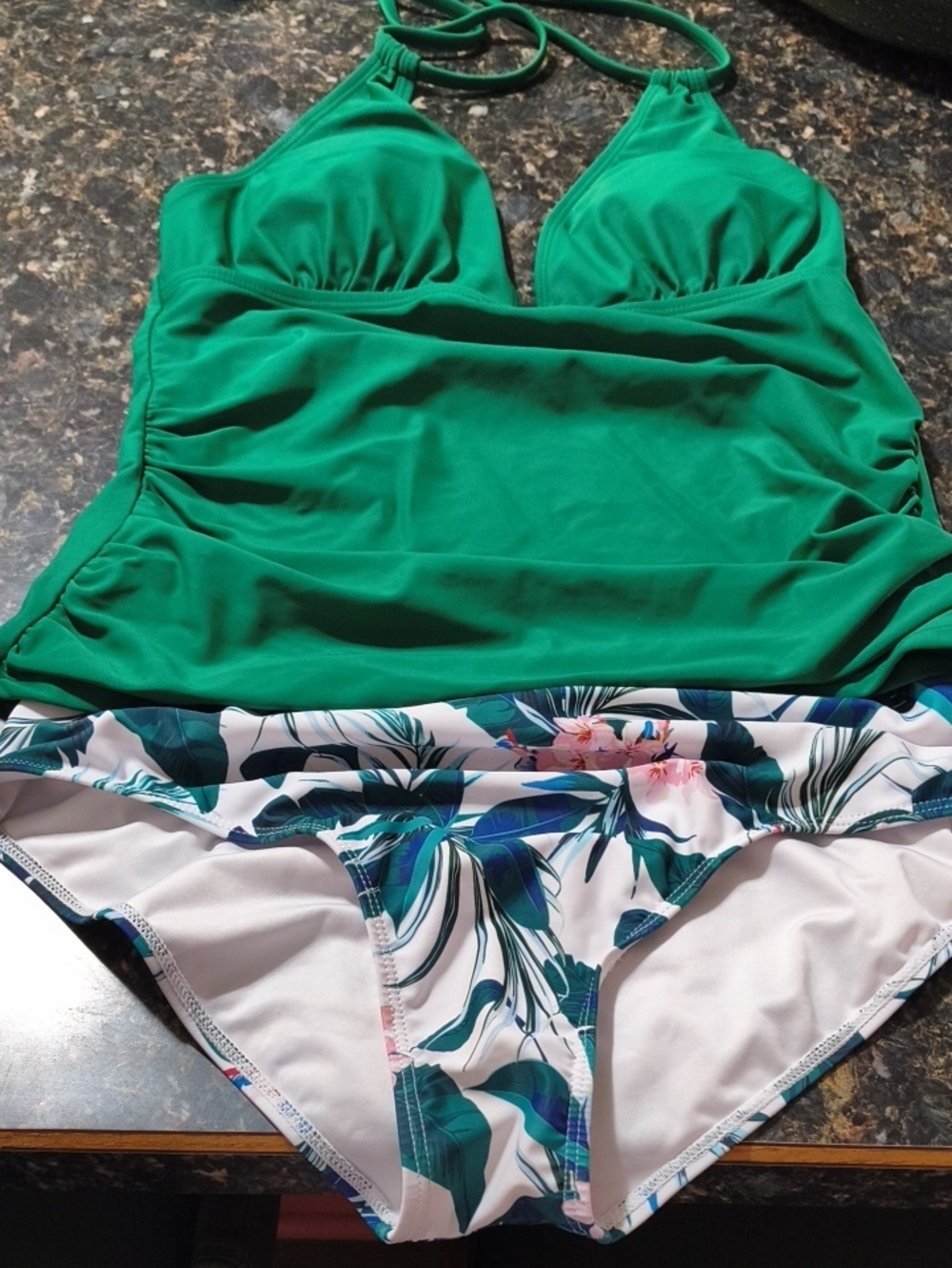 Green Tankini Swimsuit with Floral Bikini Bottom -Swim